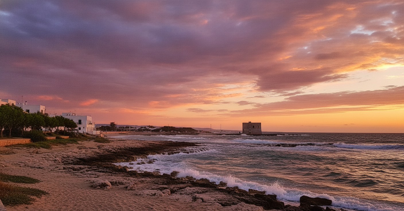 La spiaggia del Pilone sulla marina di Ostuni, con la torre costiera