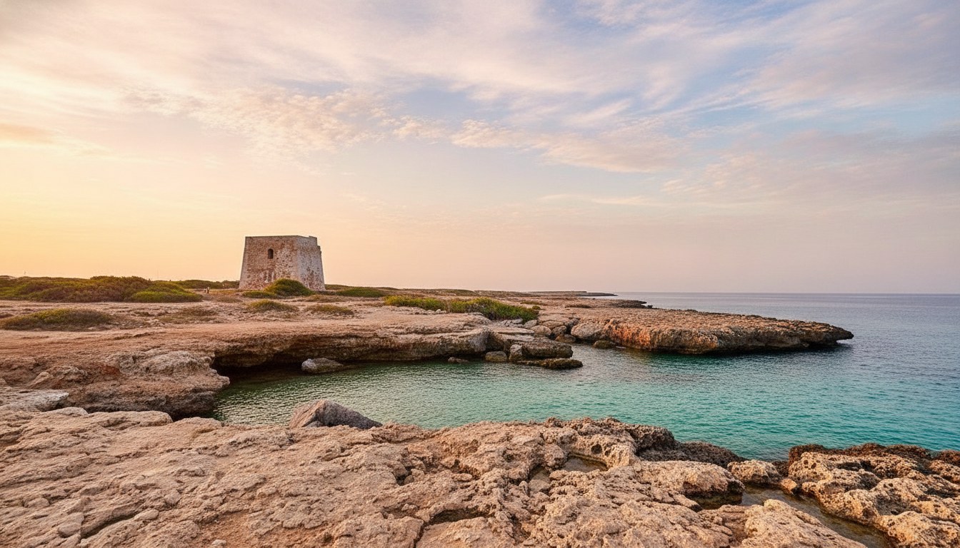 Le calette di Torre Pozzelle con la torre saracena e il mare turchese